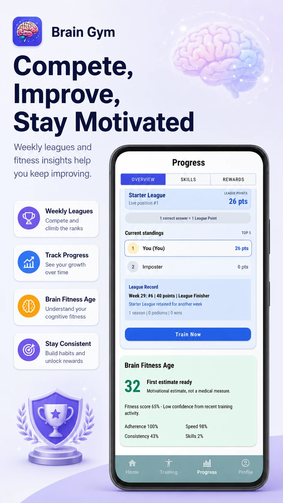 Brain Gym weekly league and brain fitness age progress screens