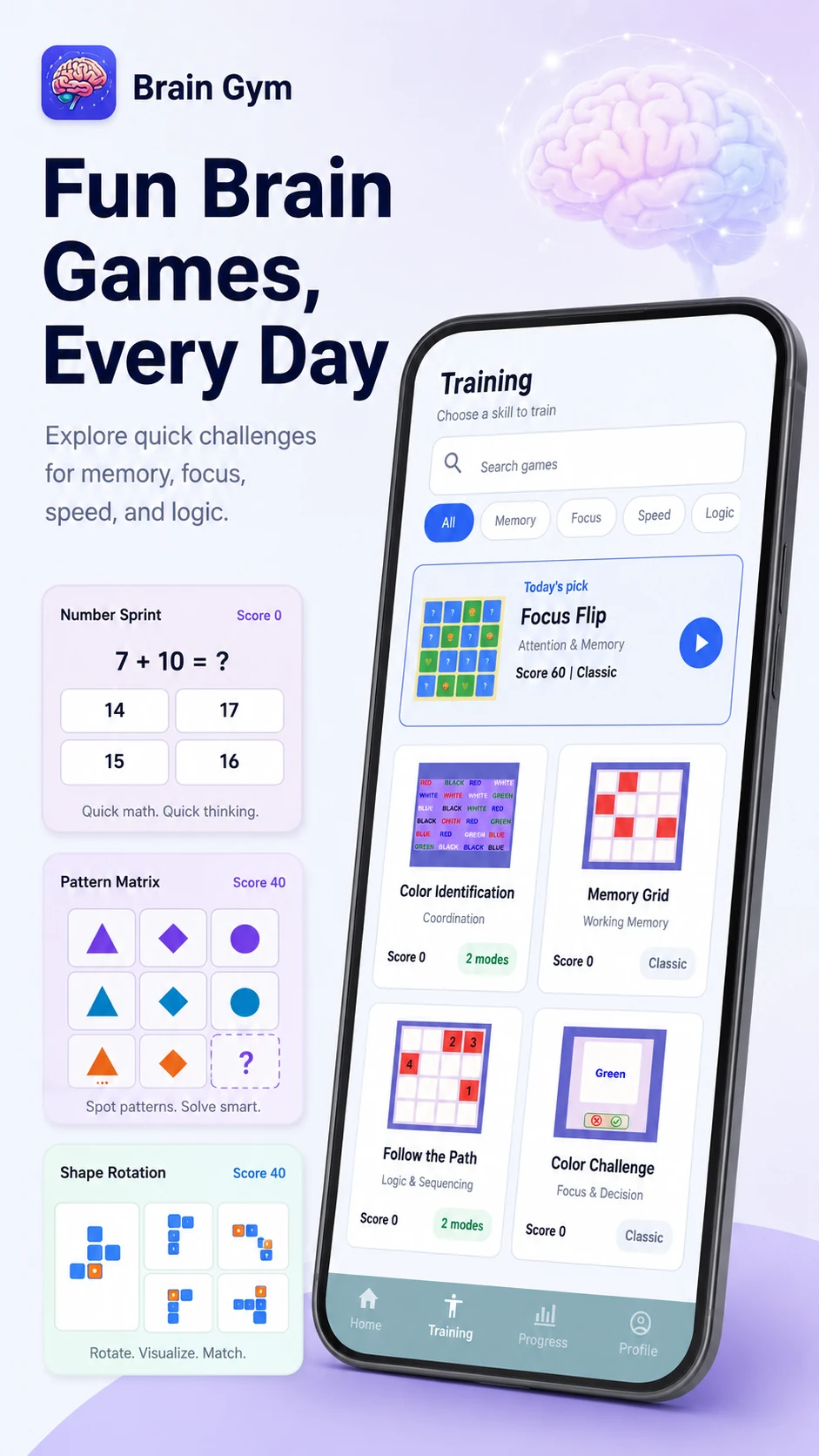 Brain Gym training library with memory, focus, speed and logic games