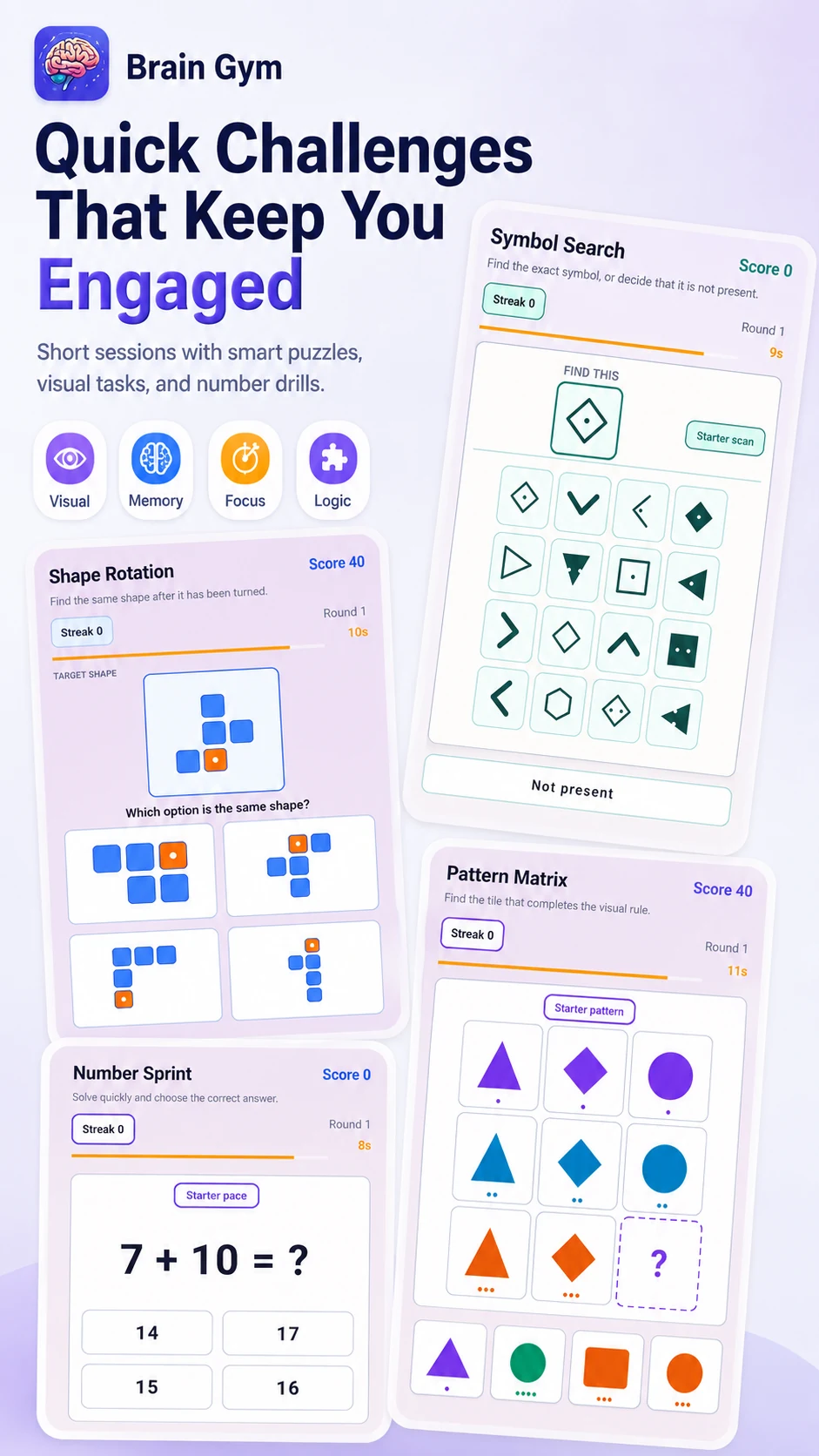 Brain Gym quick challenges including Symbol Search, Shape Rotation, Number Sprint and Pattern Matrix