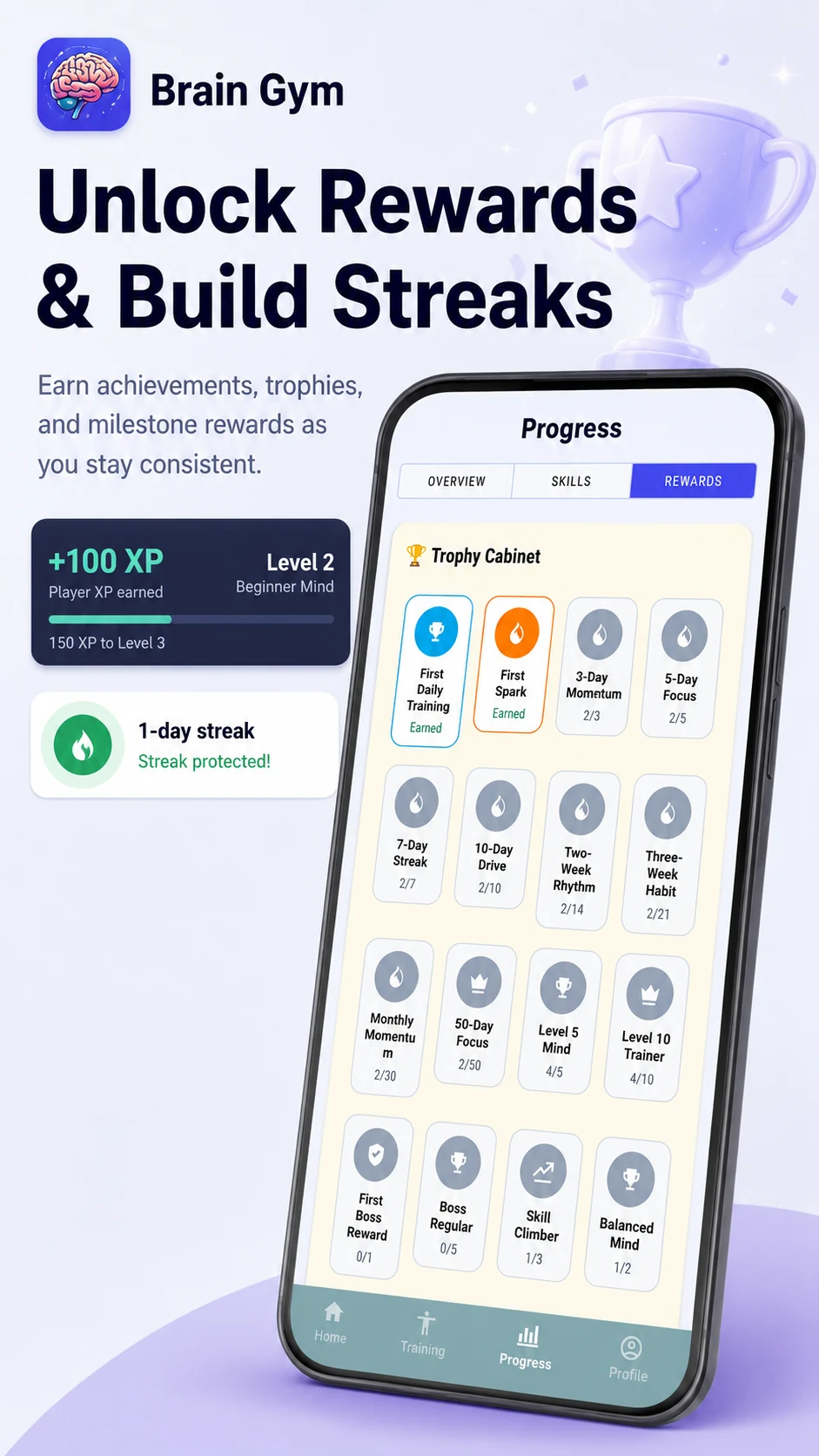 Brain Gym trophy cabinet, XP progress and daily streak rewards