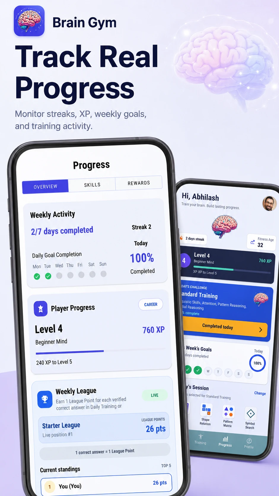 Brain Gym progress overview showing weekly activity, player level and league position